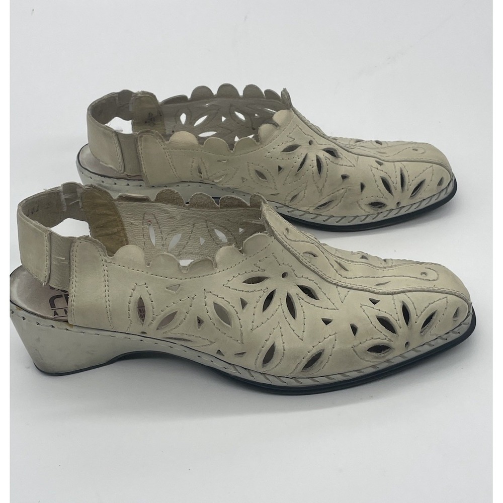 Rieker‎ Antistress Slingback Shoes Womens 41 IS 10 Beige Leather Laser Cut Wedge